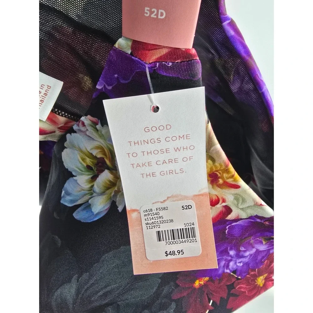 Cacique‎ Comfort Bliss Lightly Lined No-Wire Bra 52D Floral Black Purple m91540